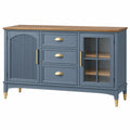 Aparador 140 x 40 x 85 cm de madera azul grisáceo con encimera marrón y puertas de vidrio estilo clásico