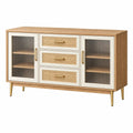 Aparador 160 x 40 x 85 cm de madera natural y crema con ratán y cristal acanalado
