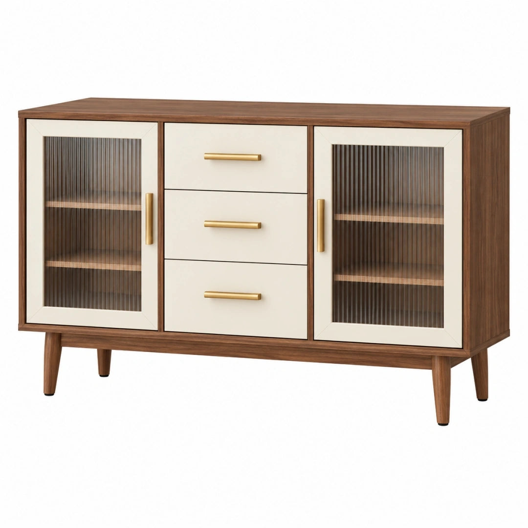 Aparador 150 x 40 x 85 cm de madera marrón y crema con vitrinas acanaladas estilo moderno