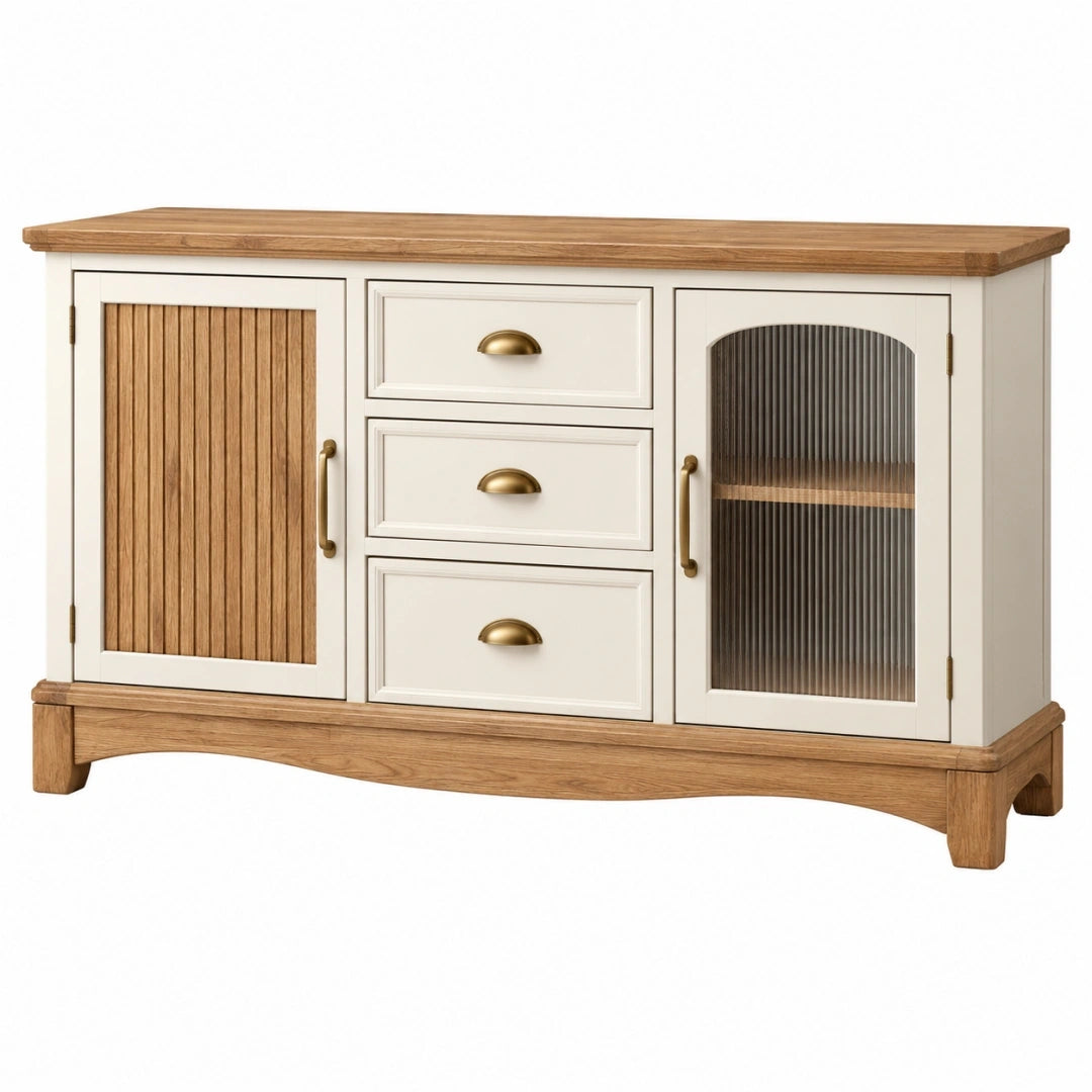 Aparador 140 x 40 x 85 cm de madera beige y natural con puertas y cajones estilo rústico