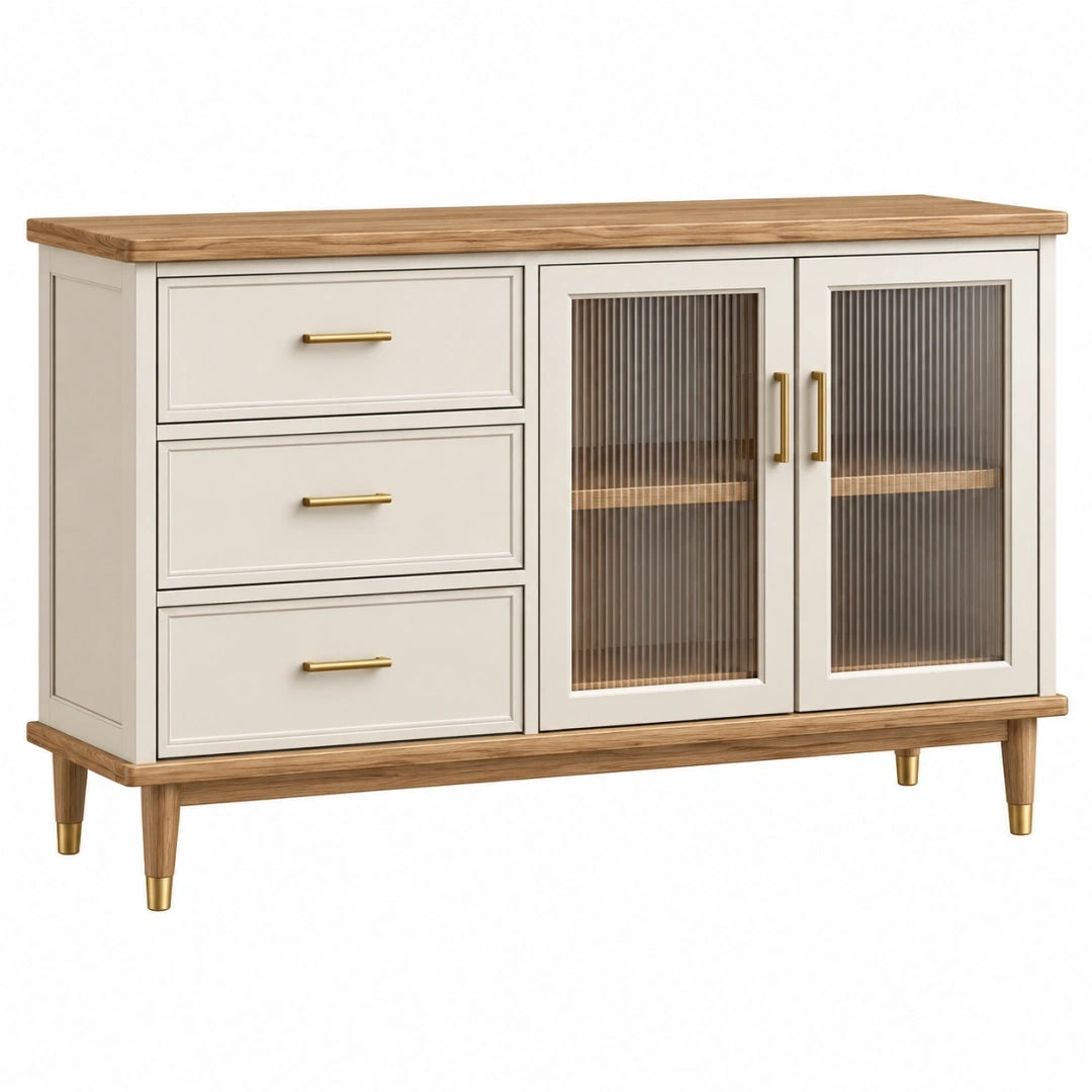 Aparador 150 x 40 x 85 cm de madera crema y nogal con puertas de vidrio acanalado - almacenamiento contemporáneo