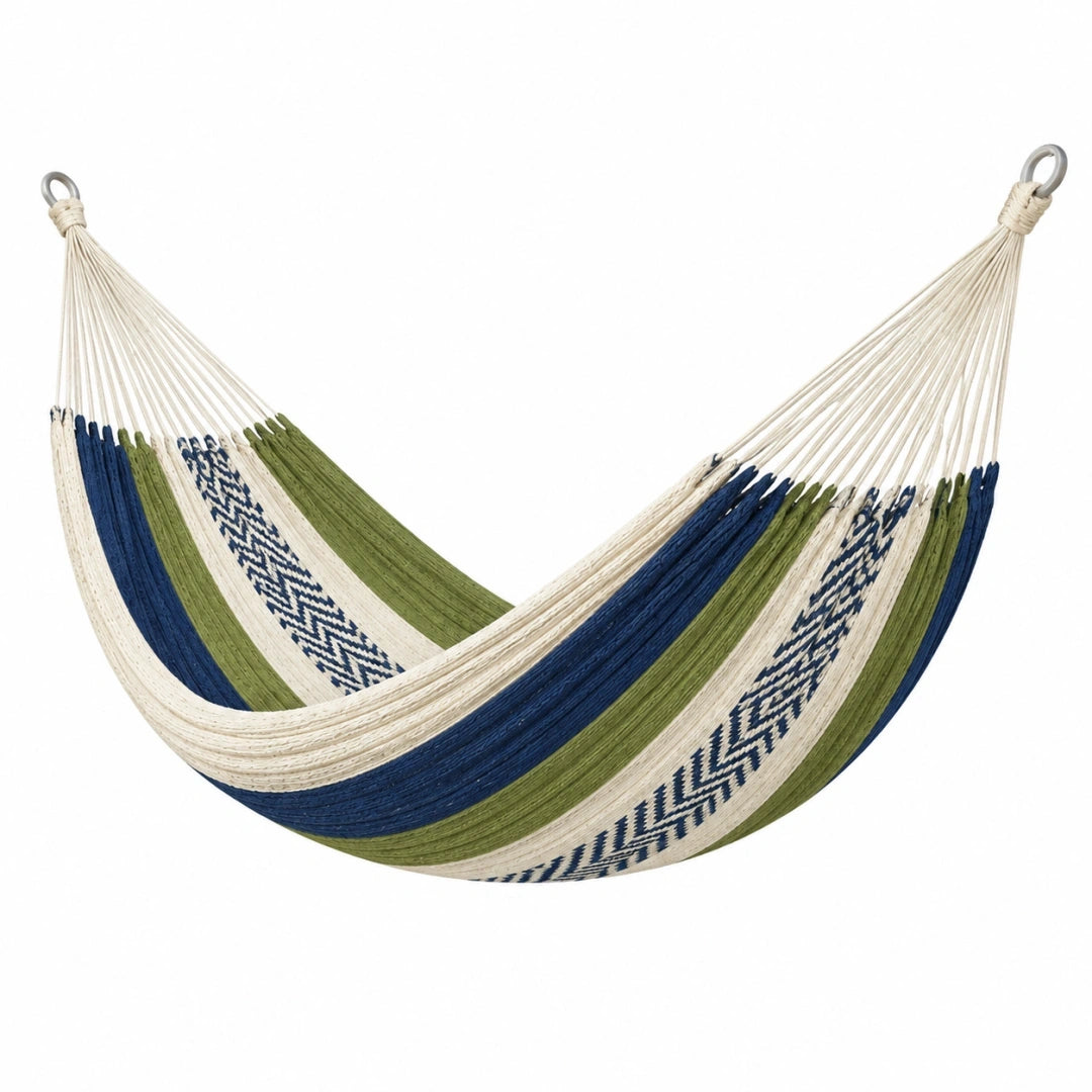 Hamaca de 200 x 100 cm de algodón azul verde y beige - Tejida para jardín y terraza