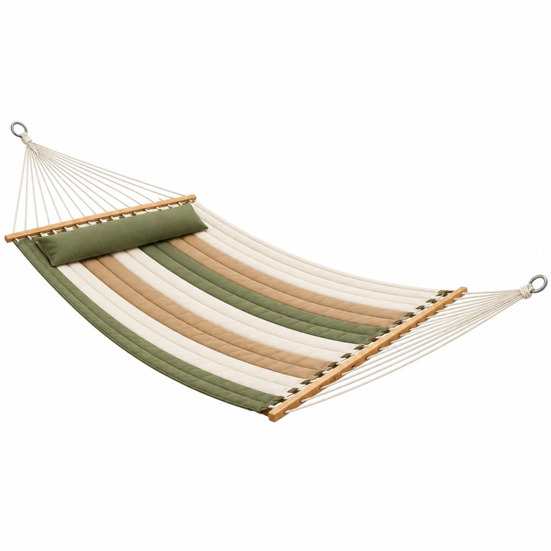 Hamaca 320 x 120 cm de tejido acolchado verde beige y blanco con barras de madera para jardín