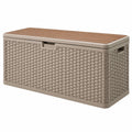 Banco arcón de almacenamiento 120 x 60 x 60 cm de plástico beige y marrón para exterior