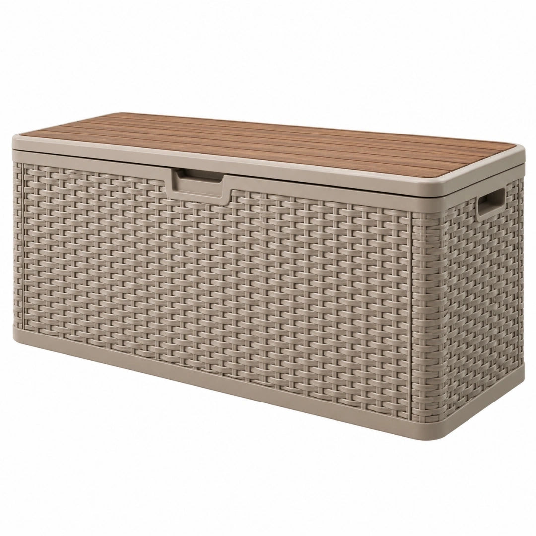 Banco arcón de almacenamiento 120 x 60 x 60 cm de plástico beige y marrón para exterior