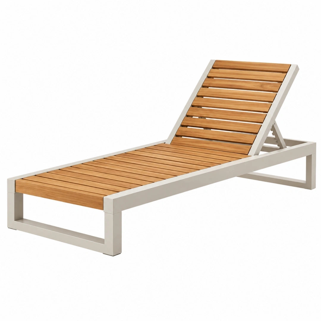Tumbona 200 x 70 cm de madera y metal blanco para exterior con respaldo reclinable