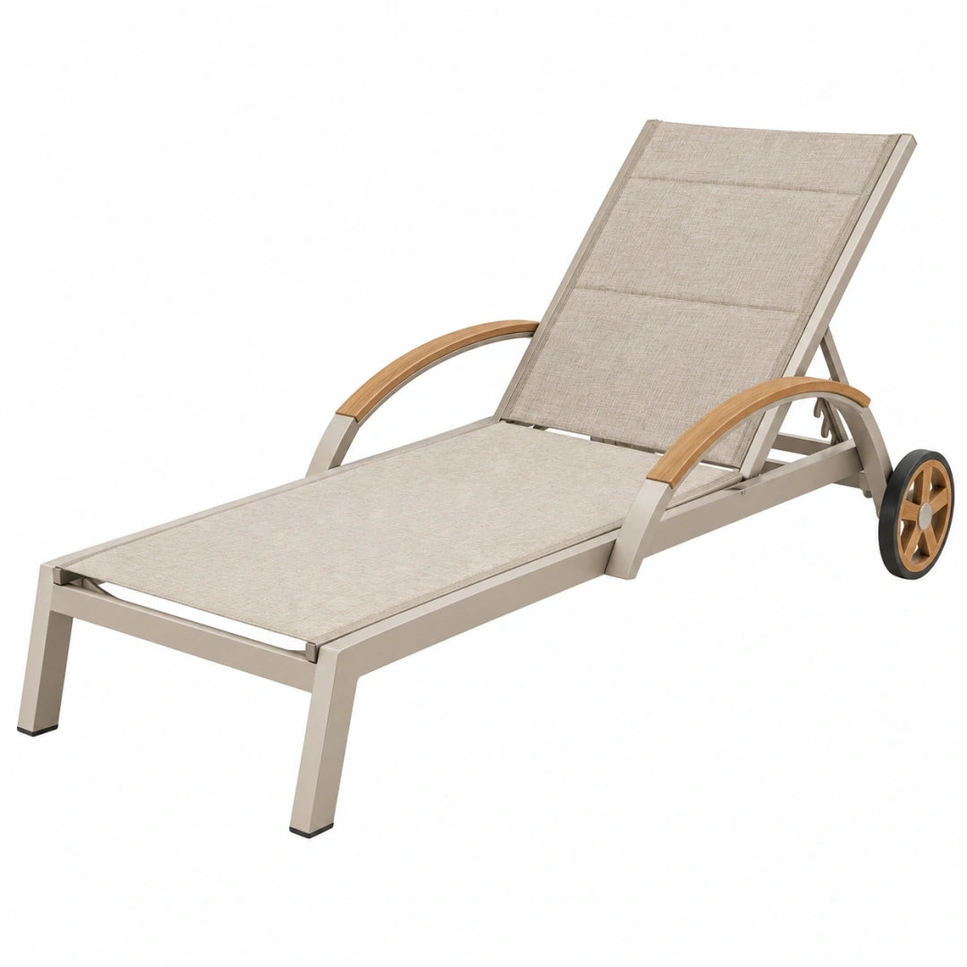 Tumbona de exterior 200 x 65 x 95 cm de metal beige con ruedas y respaldo reclinable
