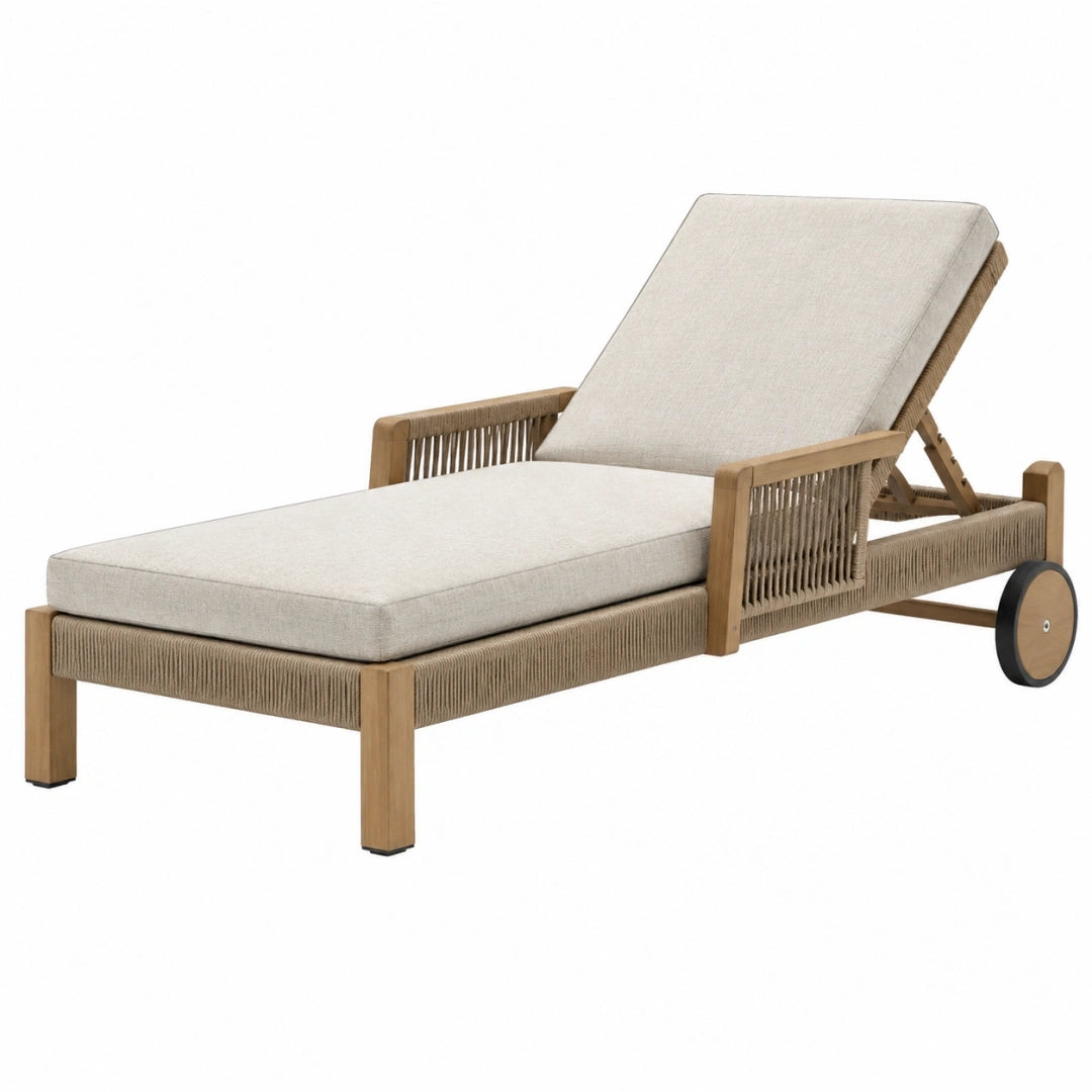 Tumbona reclinable 200 x 70 cm de madera y cuerda beige para exterior con ruedas